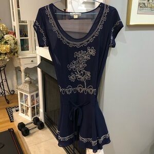 VINTAGE Y2K Forever21 Floral Beaded Short Sleeve Navy Blue Mini Tunic Dress